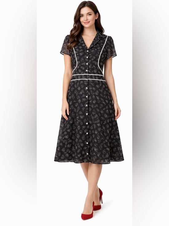 Componix Dresses & Skirts - Componix Black Novelty ModCloth Style Print Shirt‎ Dress White Piping Button S